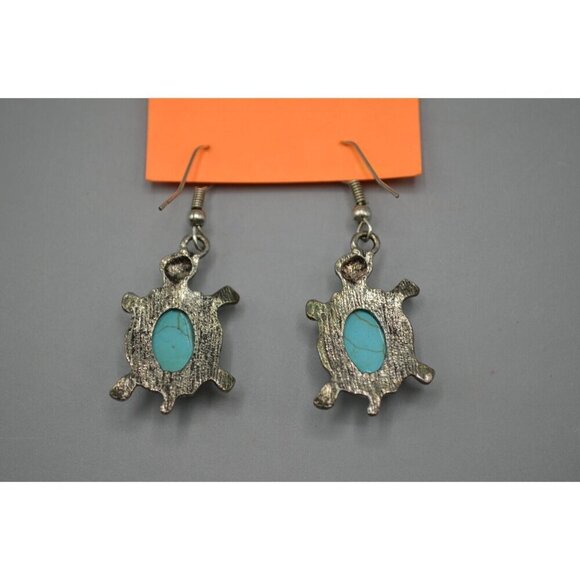 Silver Turtle Dangle Drop Earrings Turquoise Tortoise Stone 2 Inch Pre-Owned - Picture 4 of 5